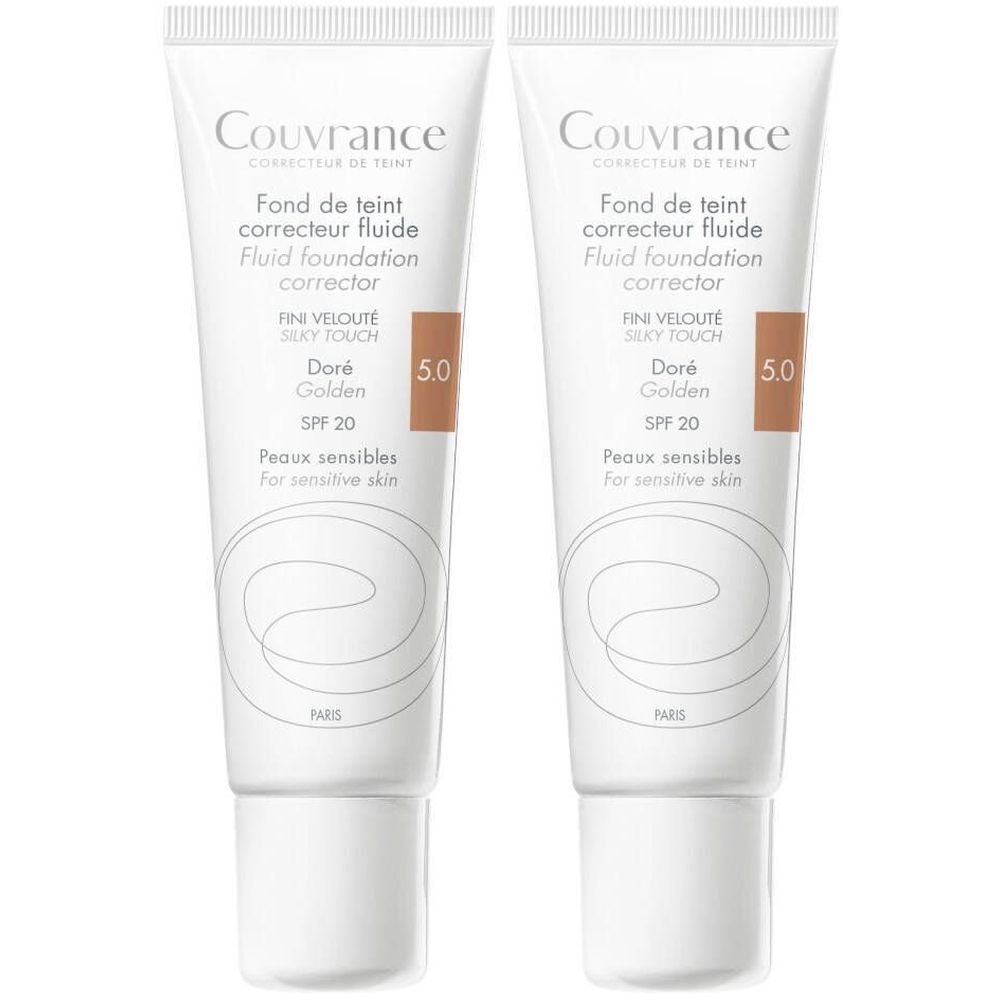 Twee tubes Avène Couvrance Fond de teint fluide doré nr 5. Witte tubes met bruin kleurvlak en tekst. SPF 20, voor de gevoelige huid.