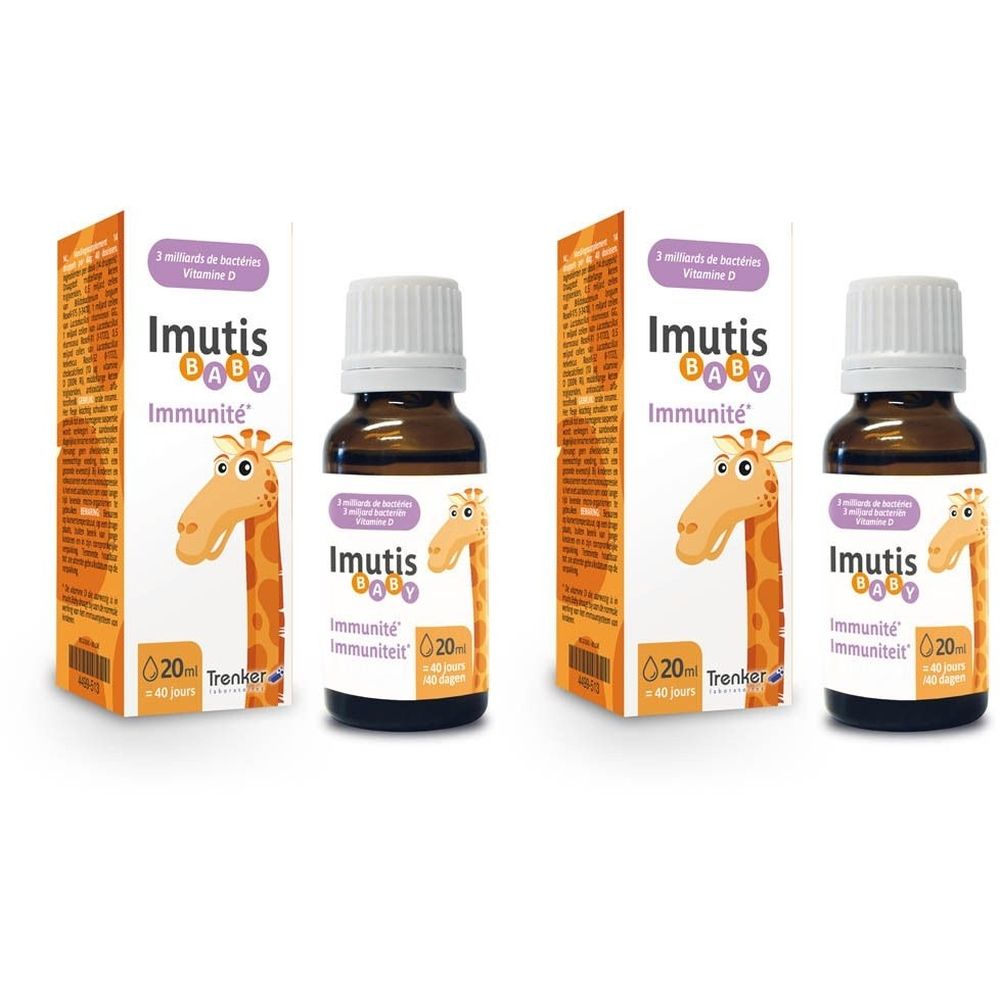 Twee flessen en twee dozen. Opschrift: Imutis Baby Immunité. Illustratie van een giraffe. Flessen met witte dop.