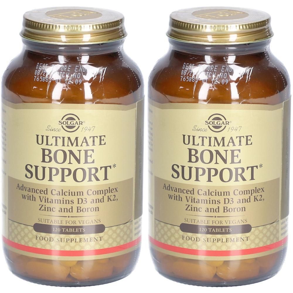 Twee flessen Solgar Ultimate Bone Support. Bruine glazen flessen met gouden deksels en etiketten. 120 tabletten.