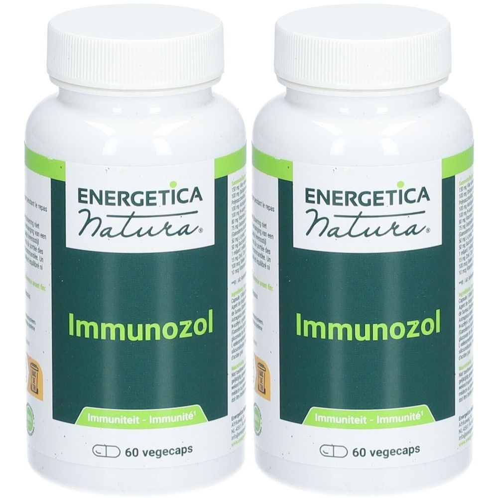 Twee witte flessen met groene etiketten. Opschrift: Energetica Natura, Immunozol. Bevat 60 capsules.