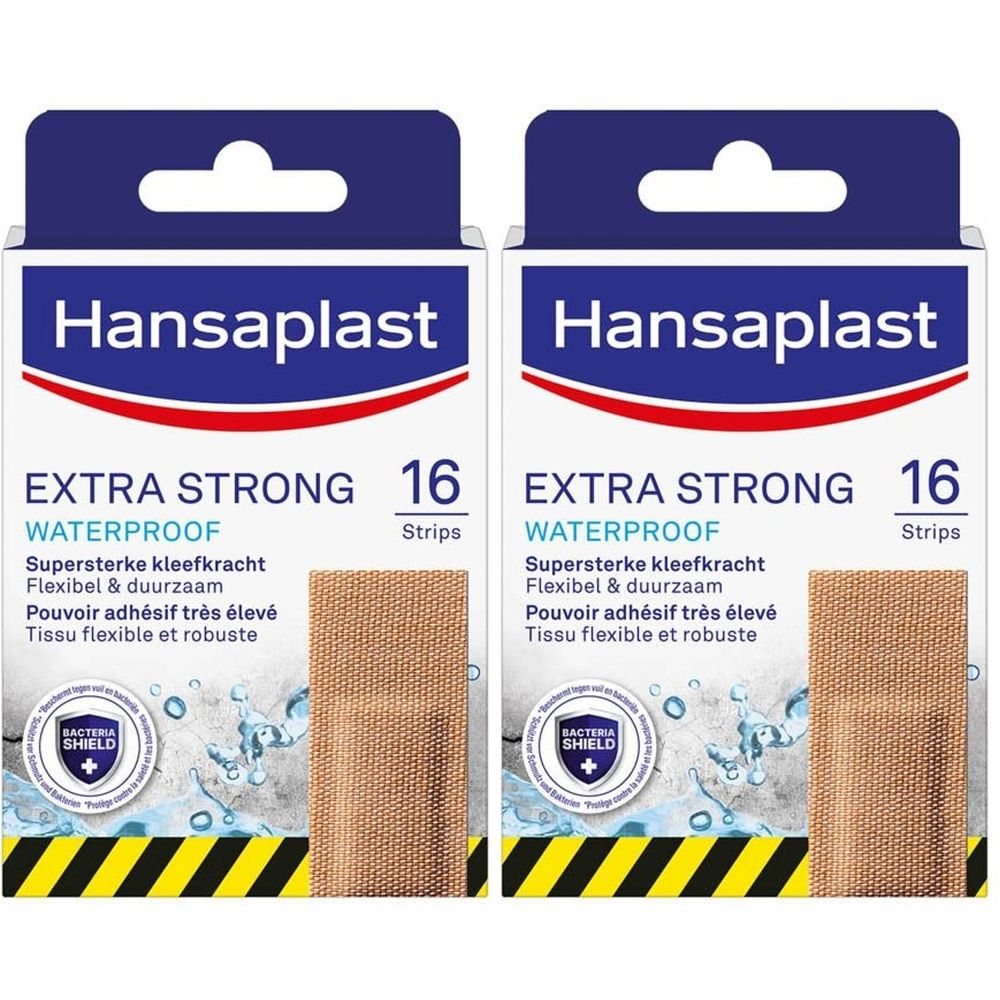Twee verpakkingen Hansaplast pleisters. Opschrift: EXTRA STRONG, WATERPROOF, 16 Strips. Flexibele en sterke pleisters.