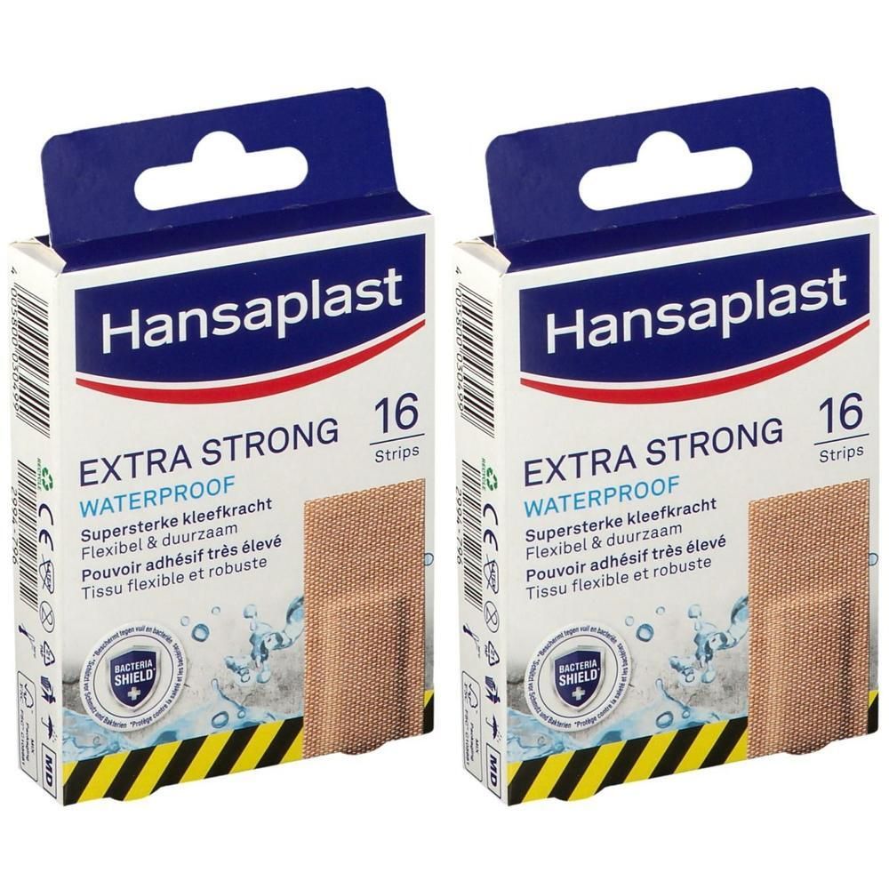 Deux boîtes de pansements Hansaplast Extra Strong. Emballage bleu avec nom du produit et 16 pansements. Imperméable.