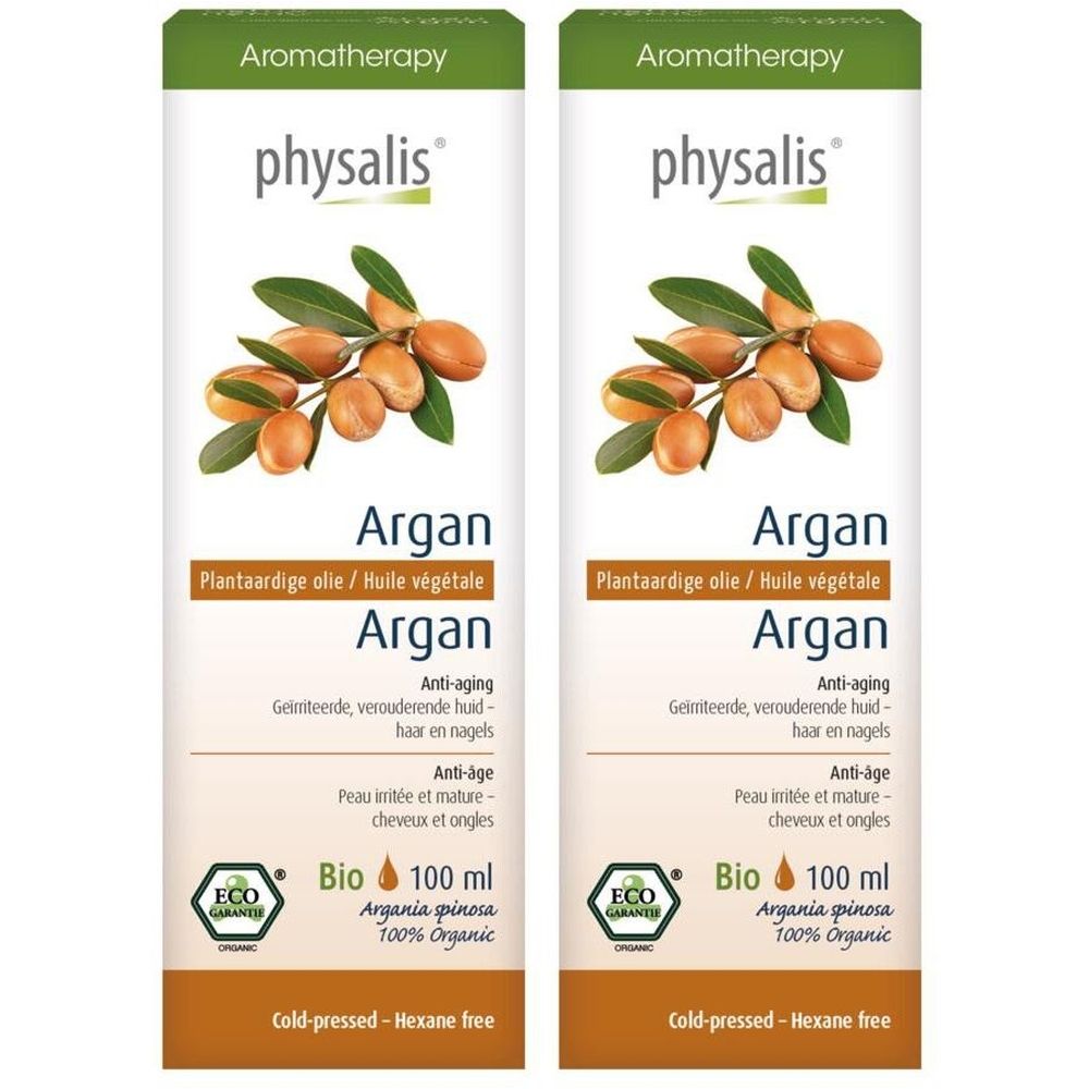 Twee flessen Physalis Argan olie. Opschrift: Argan, Bio, 100 ml. Illustratie van arganvruchten en bladeren.