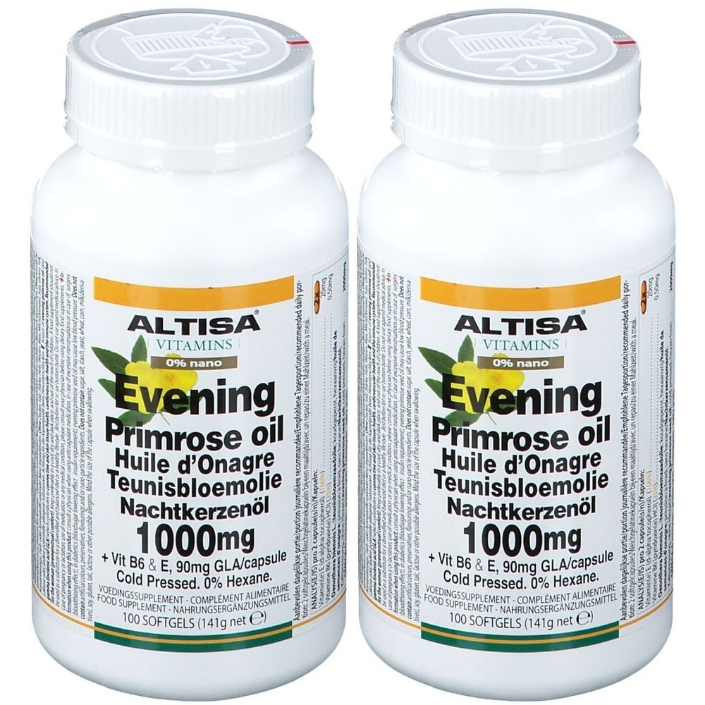 Twee witte flessen met etiketten. Opschrift: Altisa Vitamins, Evening Primrose Oil, 1000mg. 100 softgels.