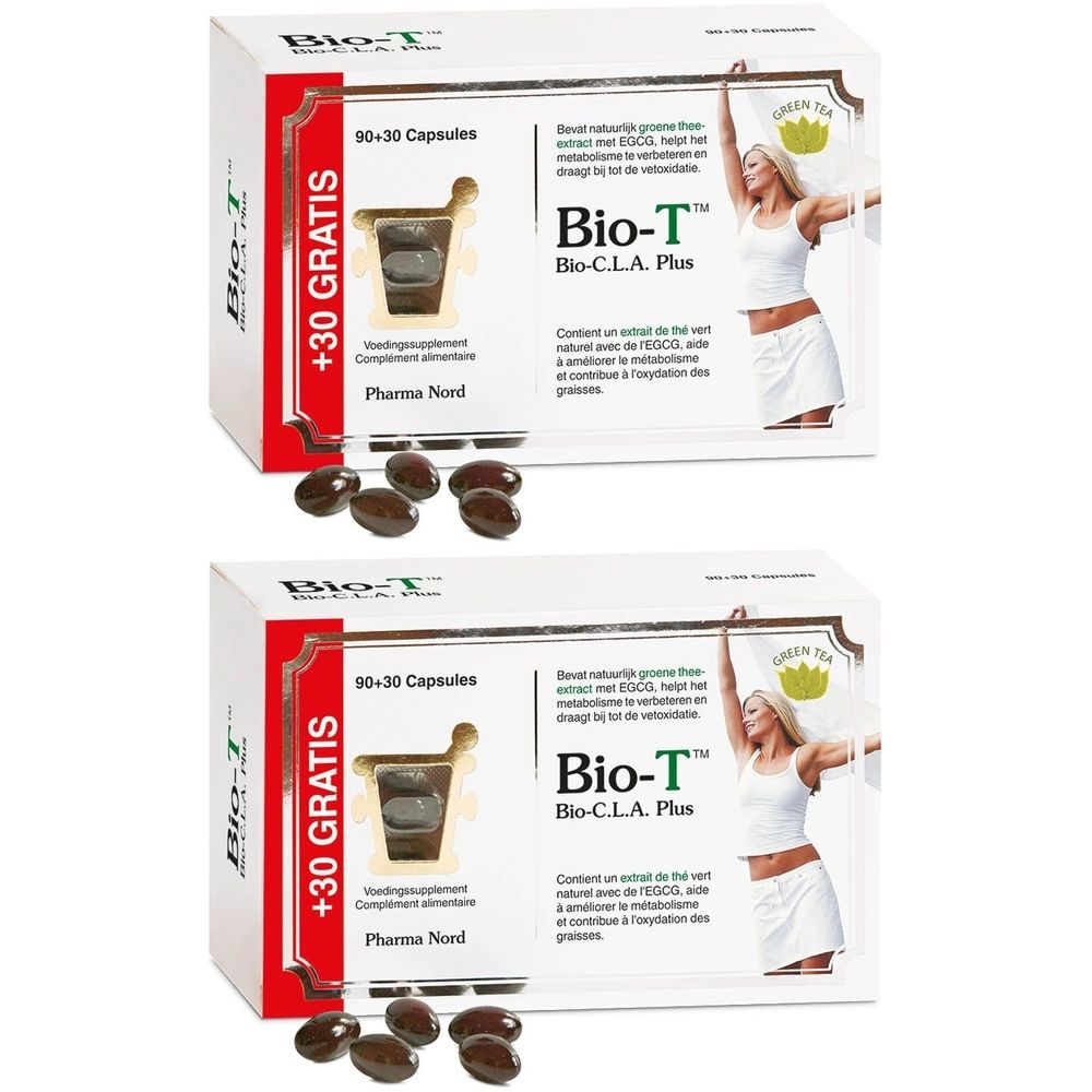Twee dozen Bio-T met capsules. Opschrift: +30 GRATIS, 90+30 capsules. Bevat groene thee extract. Merk Pharma Nord.