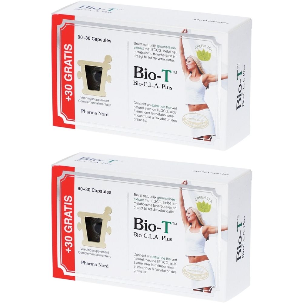 Twee dozen Bio-T™ met opschrift "90+30 Gratis". Opschriften: Bio-C.L.A. Plus, Pharma Nord. Afbeelding van een vrouw.