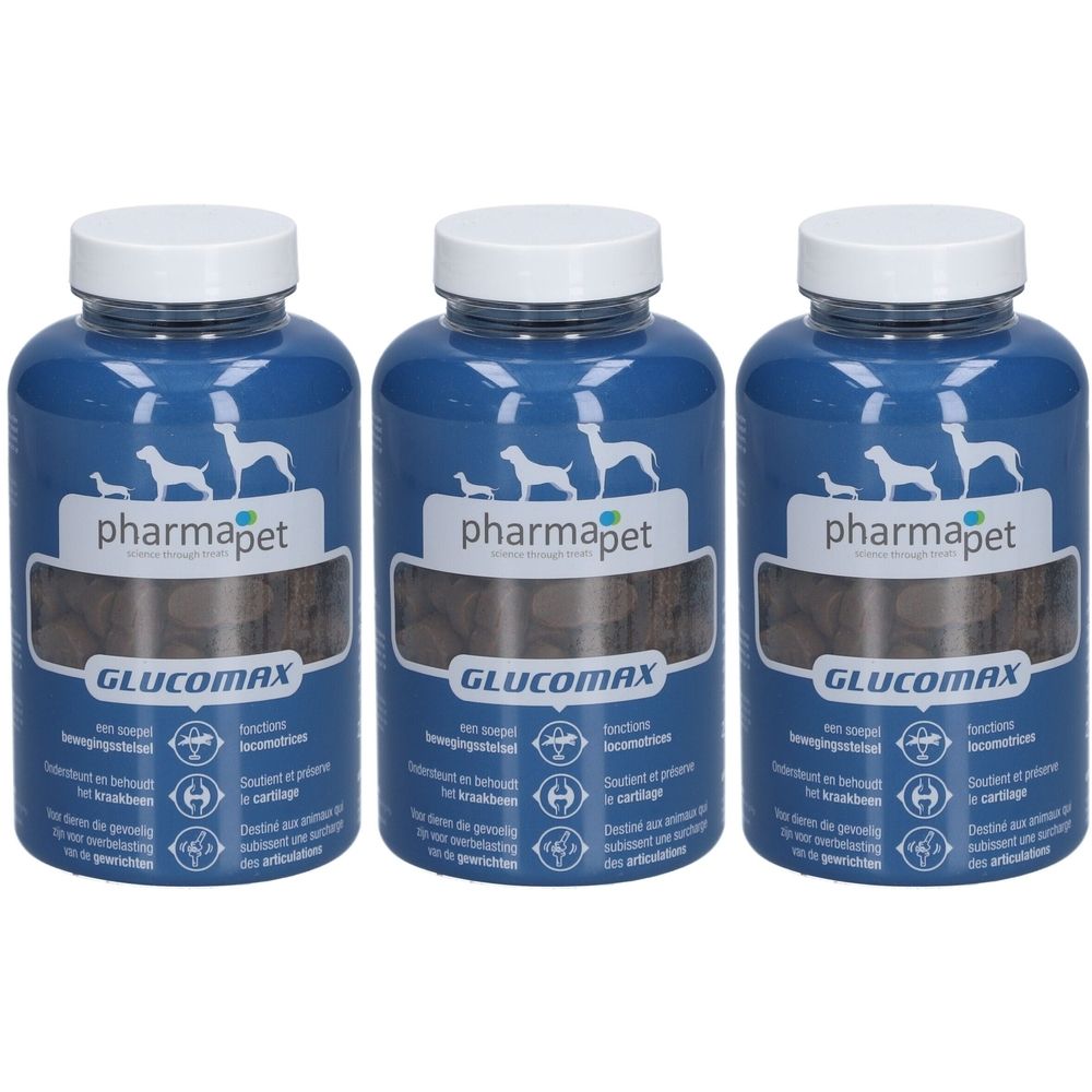 Drie blauwe flessen met witte doppen. Op elke fles staat "pharmapet" en "GLUCOMAX".