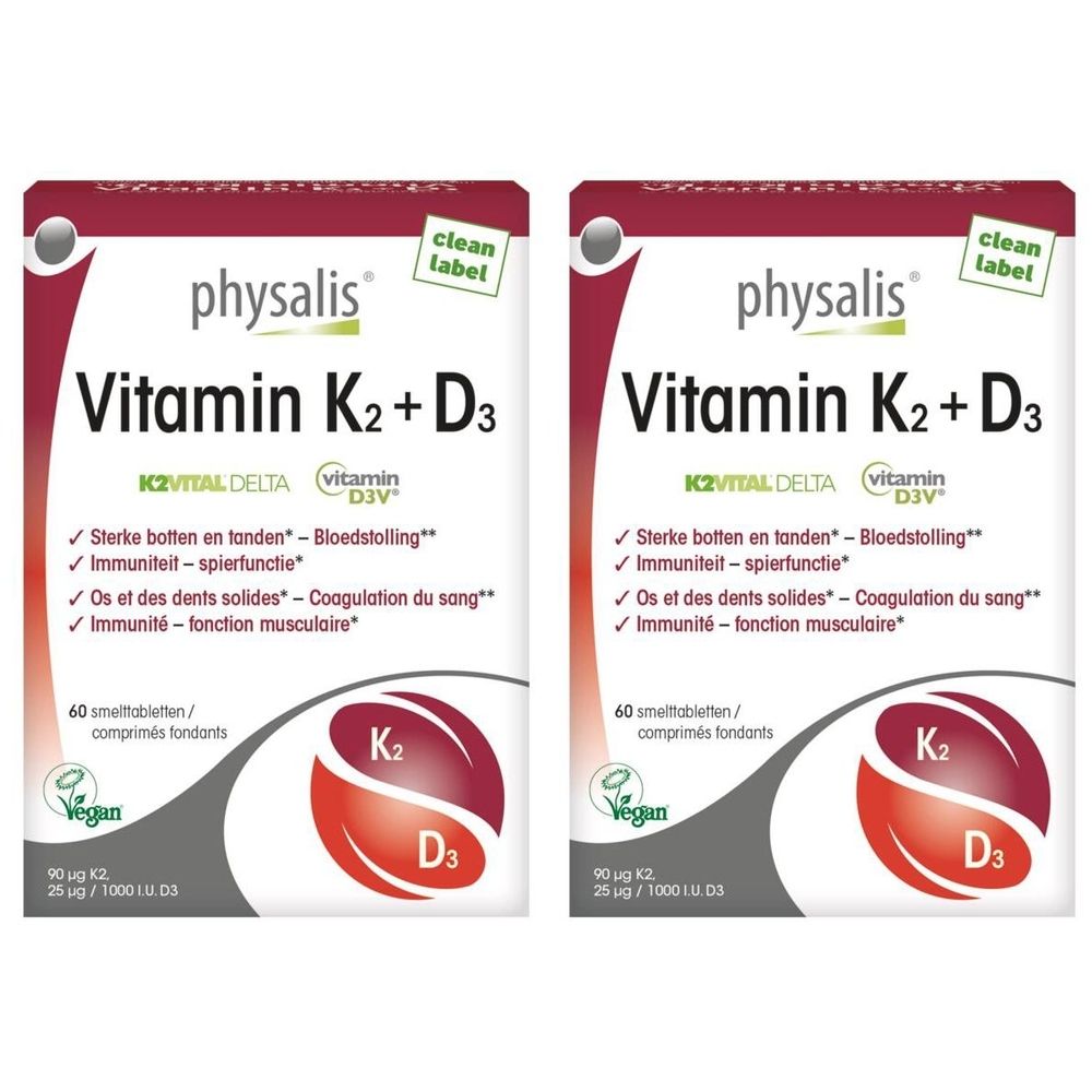 Twee verpakkingen Physalis Vitamine K2 + D3. Witte verpakking met rood en groen design. Bevat tabletten. Vegan.