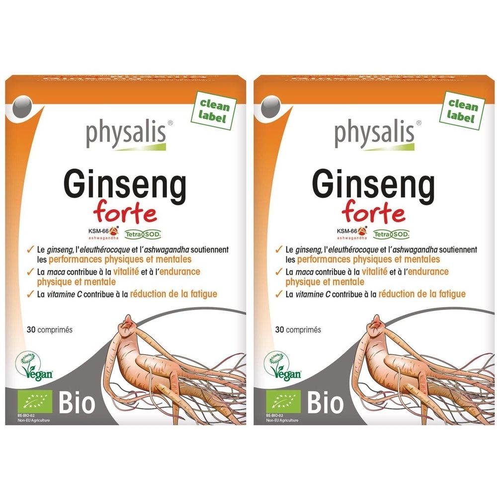Deux boîtes de Physalis Ginseng forte Bio. Inscription: 30 comprimés, Vegan, Bio. Illustration d'une racine de ginseng.