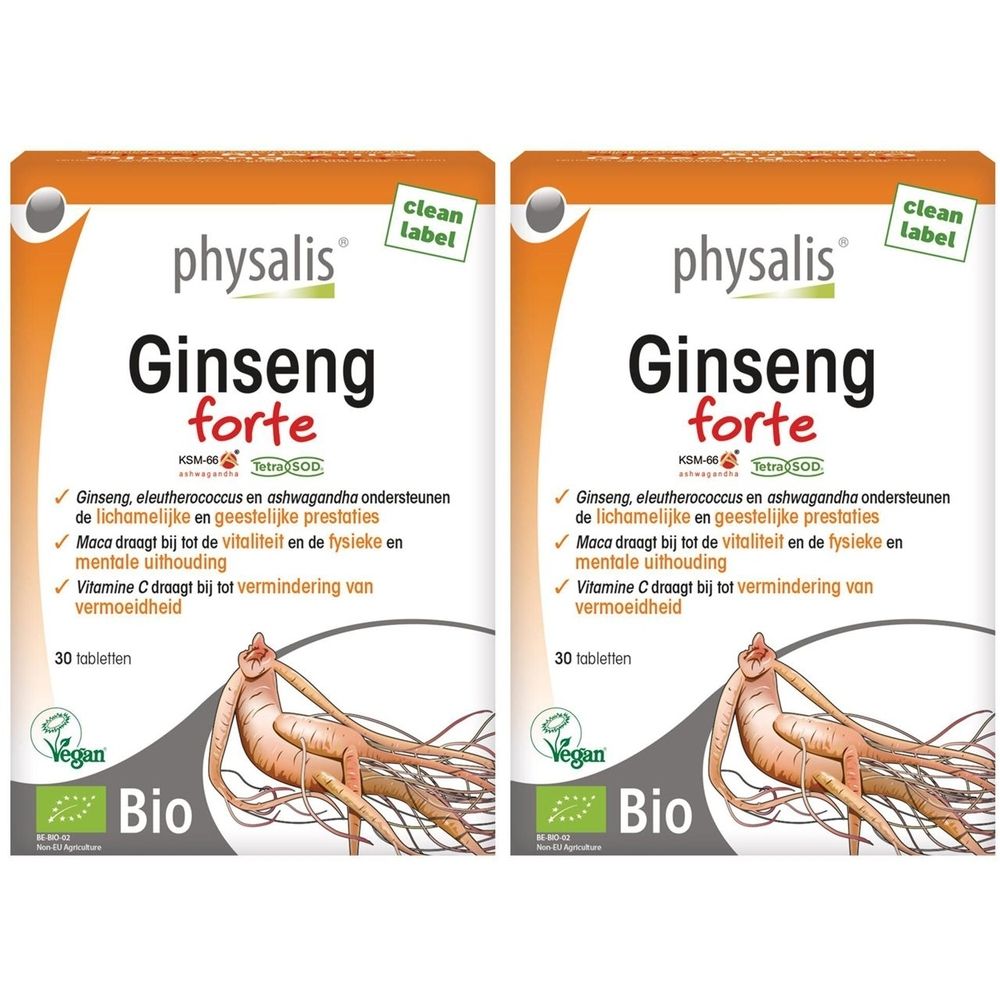 Twee dozen Physalis Ginseng forte Bio. Opschrift: 30 tabletten, Vegan, Bio. Illustratie van een ginsengwortel.