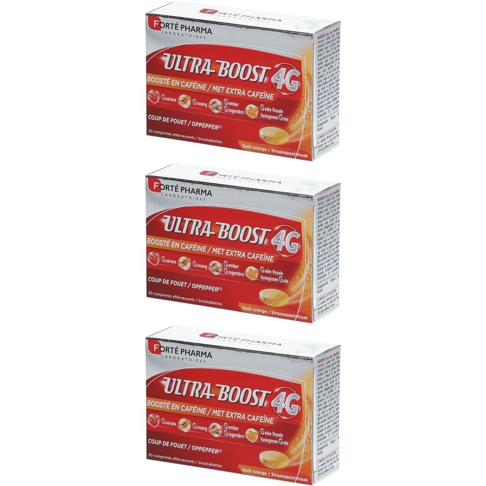 Drie dozen met rode en witte tekst. Opschrift: ULTRA-BOOST 4G, BOOSTE EN CAFEINE/MET EXTRA CAFEINE. Merk: Forté Pharma.