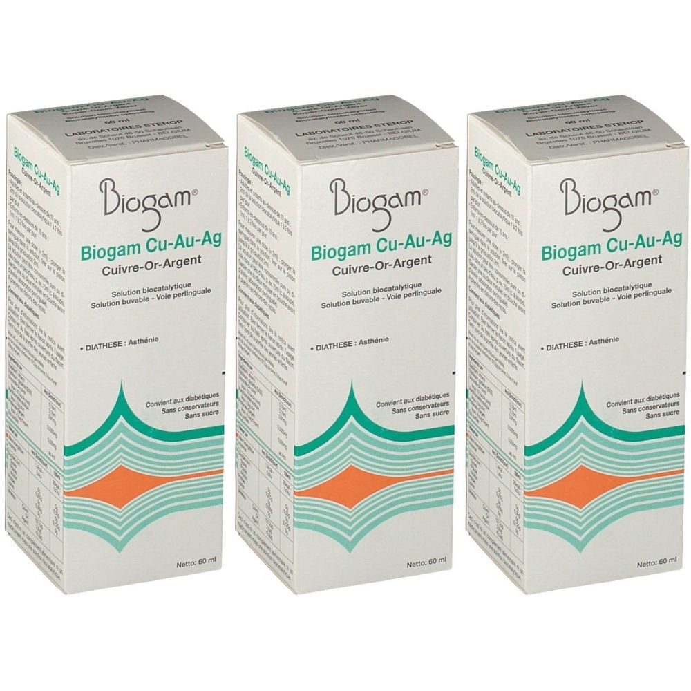 Trois boîtes blanches avec l'inscription Biogam Cu-Au-Ag. Éléments décoratifs turquoise et orange.