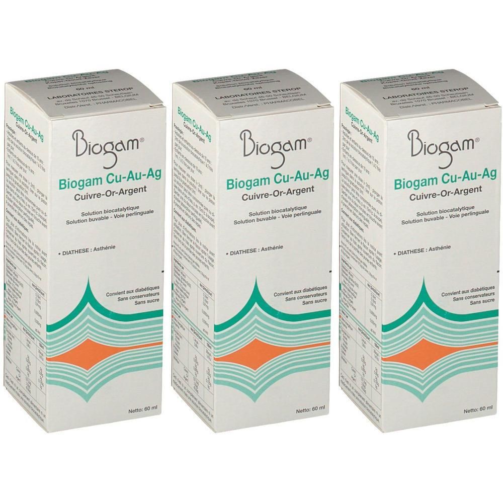 Drie dozen Biogam Cu-Au-Ag. Witte dozen met groene en oranje accenten. Tekst: Cuivre-Or-Argent, Diathèse, sans conservateurs.