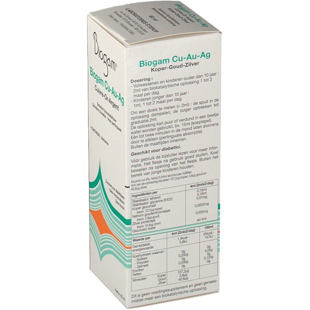 Biogam Cu-Au-Ag doos. Achterkant met Nederlandse tekst. Bevat informatie over dosering, ingrediënten en voedingswaarden.