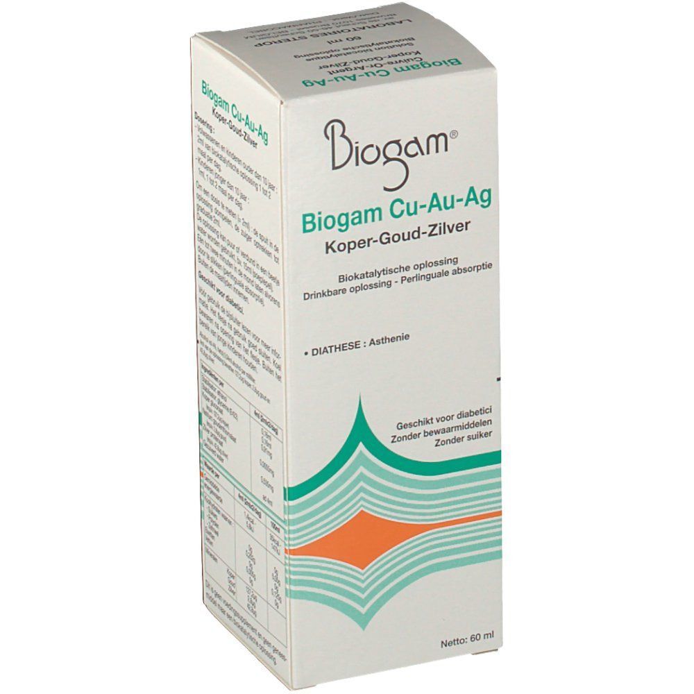 Biogam Cu-Au-Ag doos. Voorkant met Nederlandse tekst. Bevat informatie over Diathèse en ingrediënten.