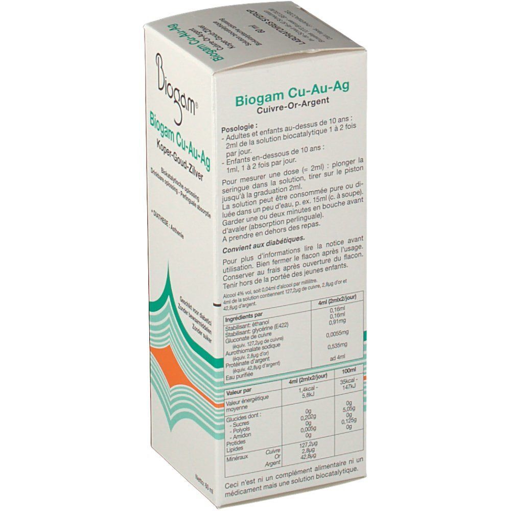 Biogam Cu-Au-Ag doos. Achterkant met Nederlandse tekst. Bevat informatie over dosering, ingrediënten en voedingswaarden.