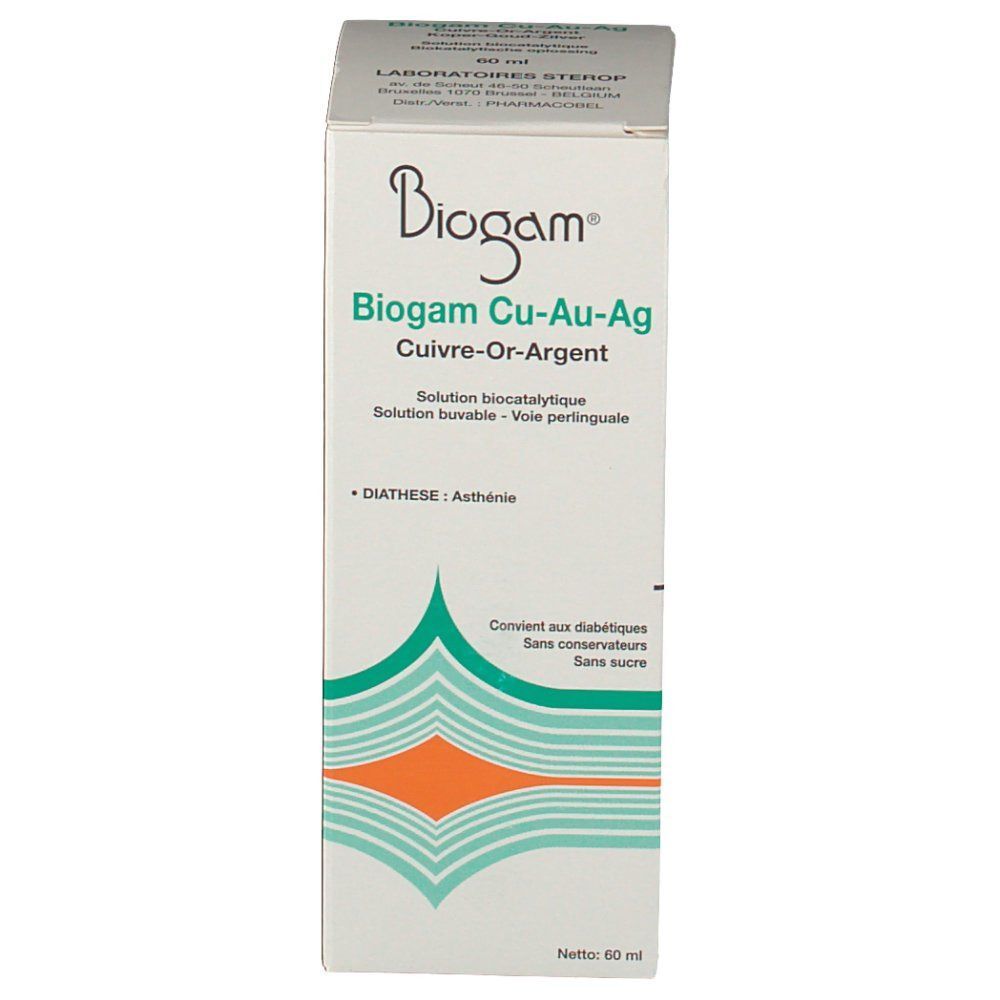 Biogam Cu-Au-Ag doos. Voorkant met Franse tekst. Bevat informatie over Diathèse en ingrediënten.