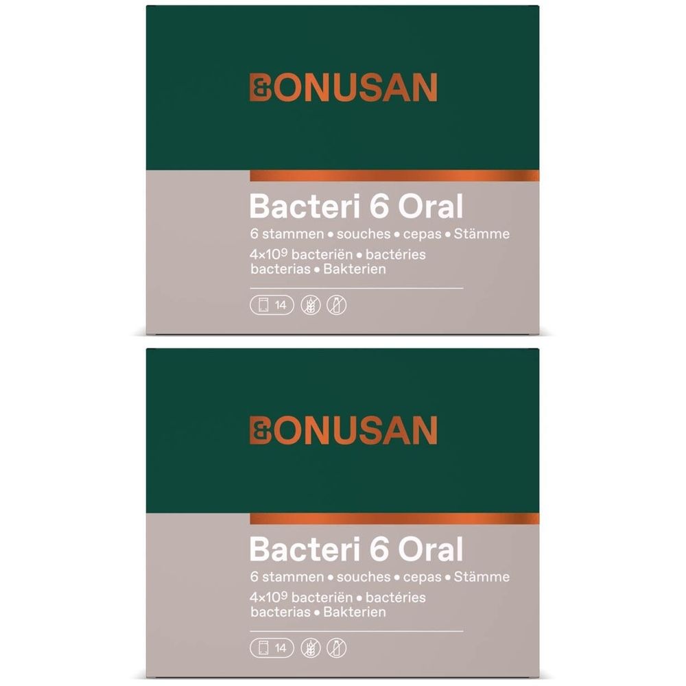 Twee dozen BONUSAN Bacteri 6 Oral. Groen-beige verpakking. Tekst: 6 stammen, 4x10⁹ bacteriën. Logo: BONUSAN.
