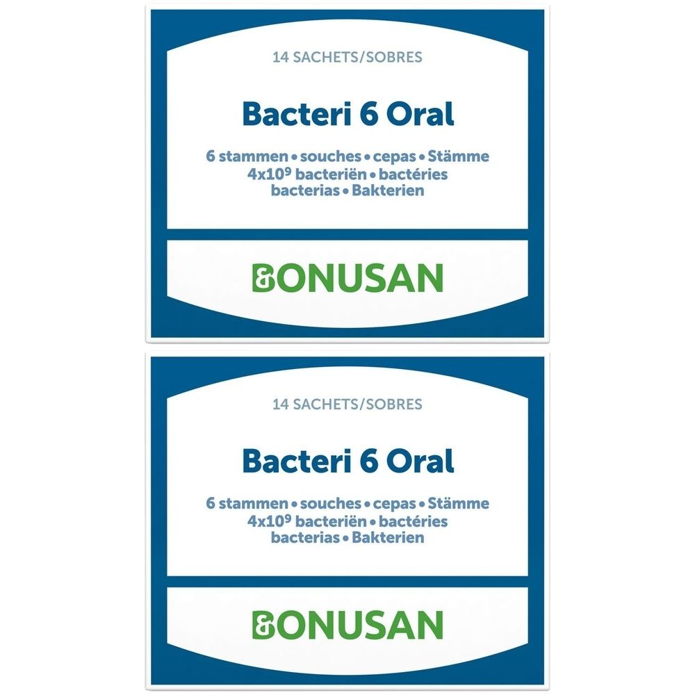 Twee verpakkingen BONUSAN Bacteri 6 Oral. Elke verpakking met 14 sachets. Tekst: 6 stammen, 4x10⁹ bacteriën.