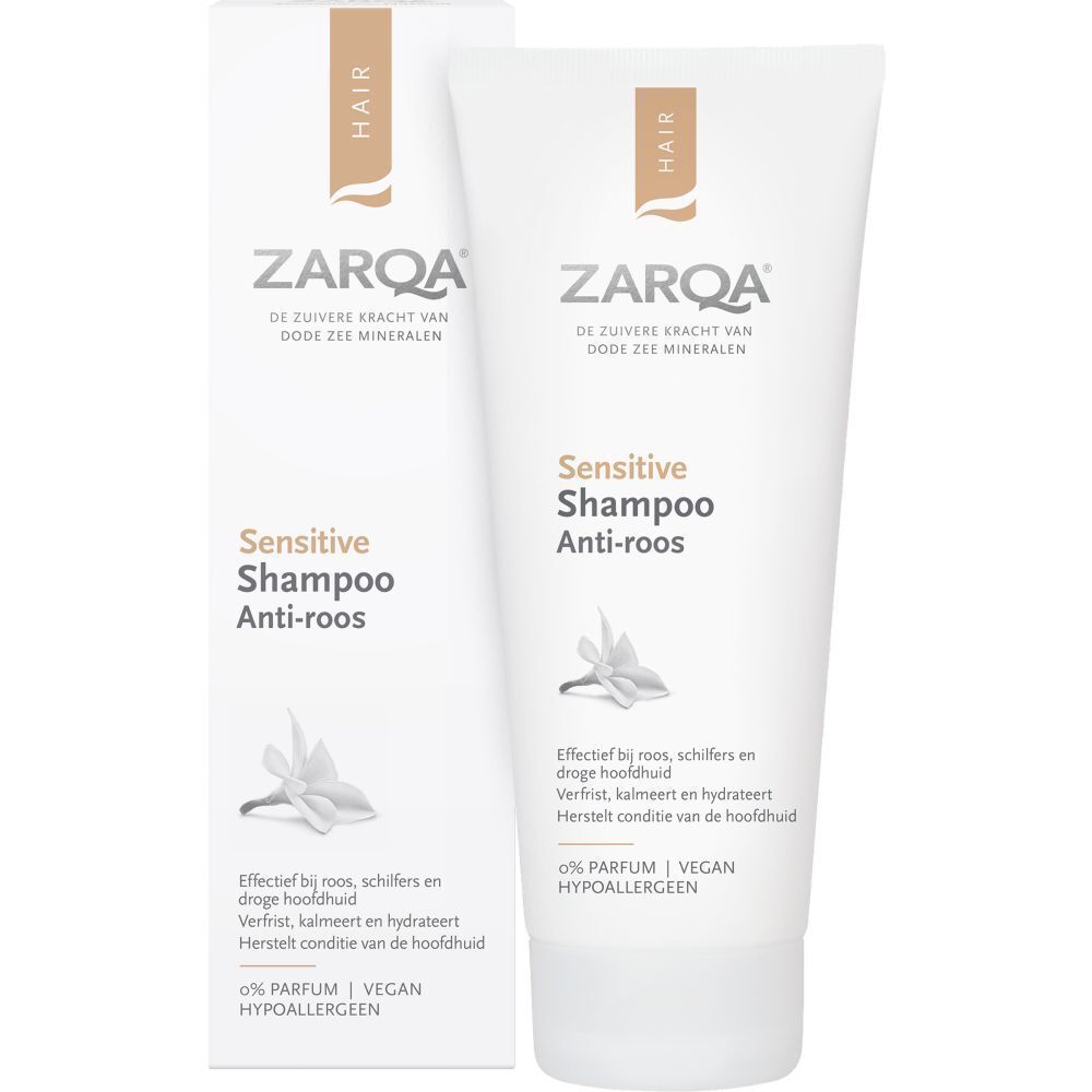 ZARQA Sensitive Anti-roos shampoo en verpakking. Witte tube en doos met tekst en logo. Productnaam en informatie.