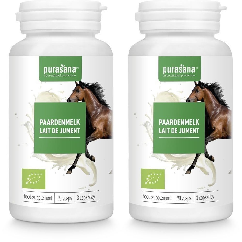 Twee witte flessen met etiketten. Op de etiketten staat "PAARDENMELK LAIT DE JUMENT". Het logo "purasana" is ook zichtbaar.