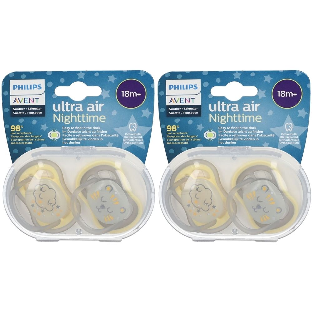 Deux sucettes Philips Avent Ultra Air Nighttime, 18 mois+. Emballage avec deux sucettes dans un étui transparent.