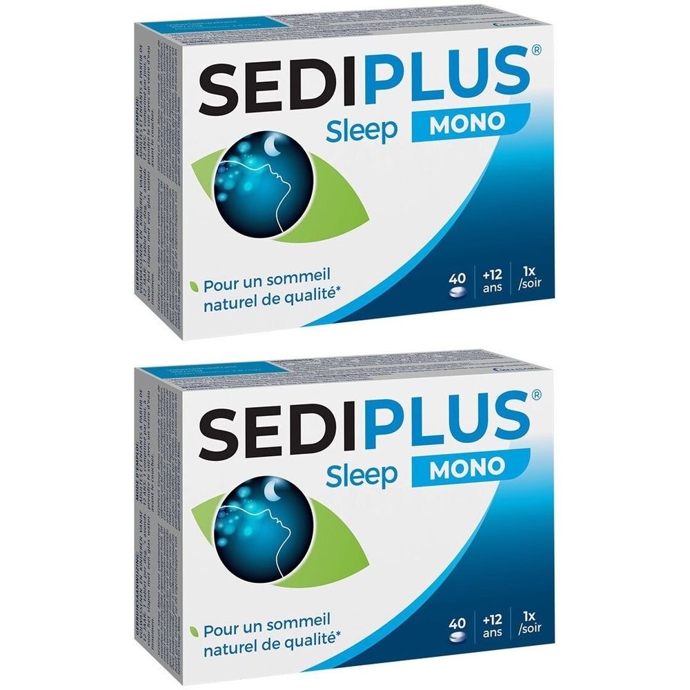 Deux boîtes de Sediplus Sleep Mono. Blanc, bleu et vert. Texte : Sediplus Sleep Mono, 40 comprimés, à partir de 12 ans.