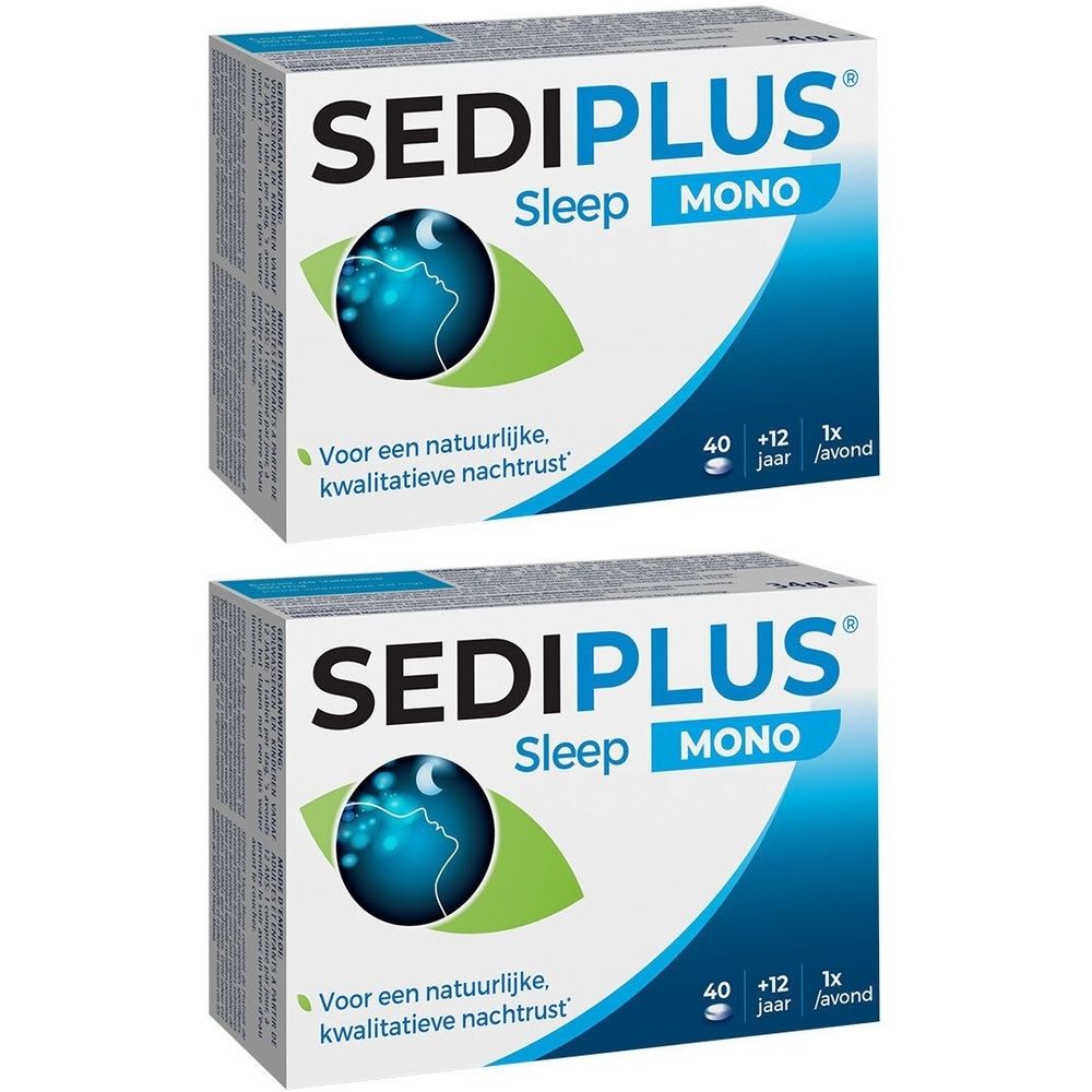 Twee dozen Sediplus Sleep Mono. Wit, blauw en groen. Tekst: Sediplus Sleep Mono, 40 tabletten, vanaf 12 jaar.