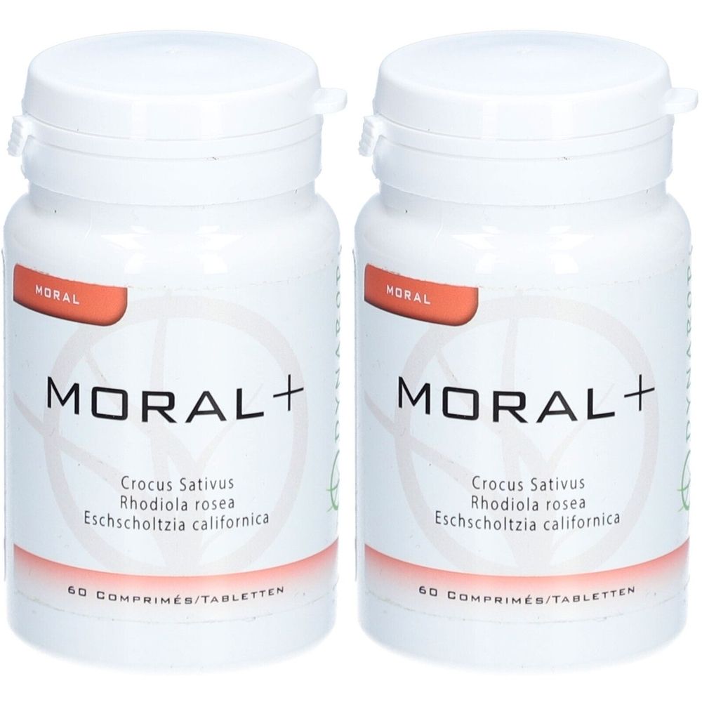 Twee witte pillenflessen met deksels. Opschrift MORAL+ en ingrediënten. Oranje etiket met MORAL. 60 tabletten.