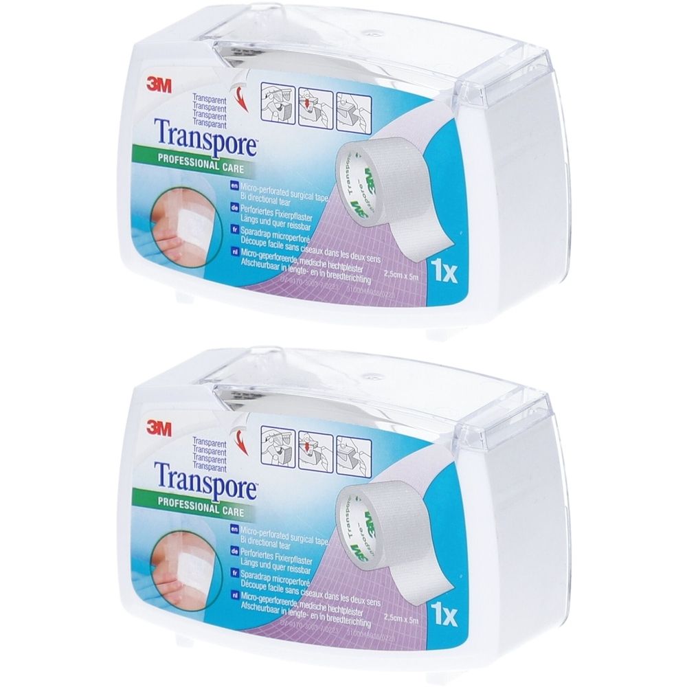 Deux distributeurs de ruban adhésif 3M Transpore. Inscriptions : Transpore, Professional Care, 1x. Boîtier transparent, ruban blanc.