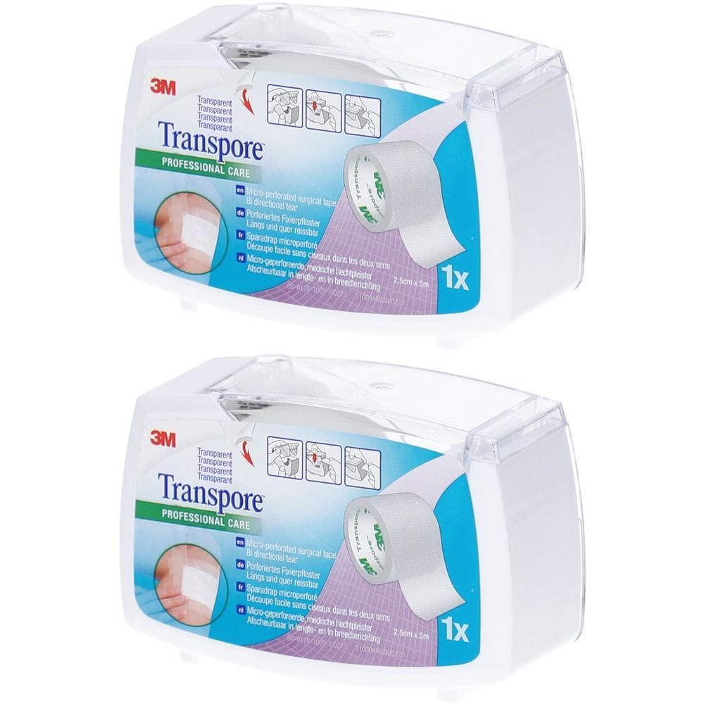 Twee verpakkingen 3M Transpore tape. Witte dozen met tekst: 3M, Transpore, 1x.