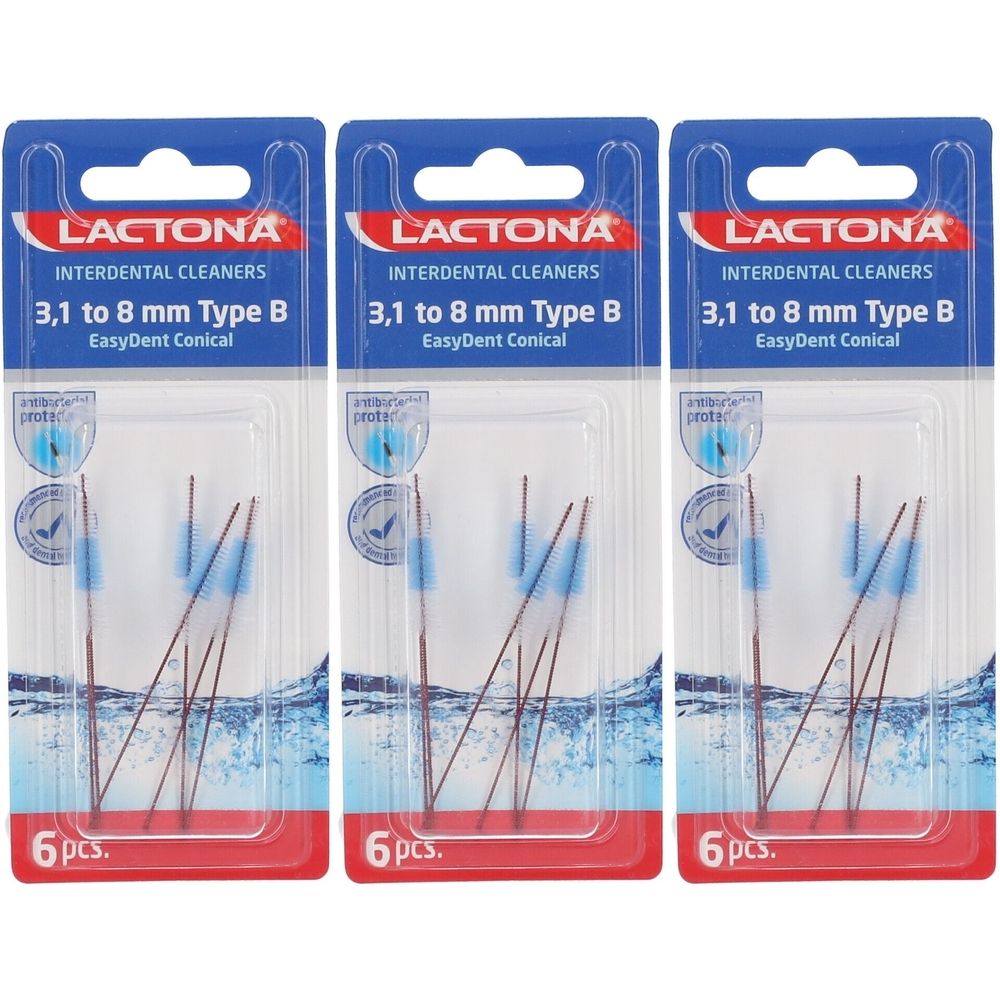 Drie verpakkingen Lactona interdentale reinigers. Elke verpakking bevat 6 stuks. Opschrift: 3,1 tot 8 mm Type B, EasyDent Conical.