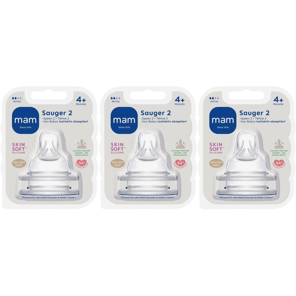Drie transparante speen 2 in verpakking. Merk: mam. Opschrift: SKIN SOFT. Geschikt voor baby's vanaf 4 maanden.