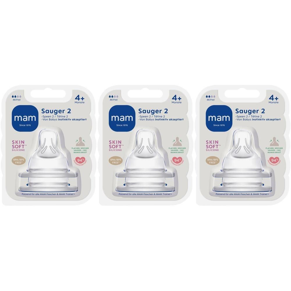 Trois tétines MAM en silicone, taille 2, en emballage individuel. Visible : marque, forme de la tétine, recommandation d'âge 4+ mois.