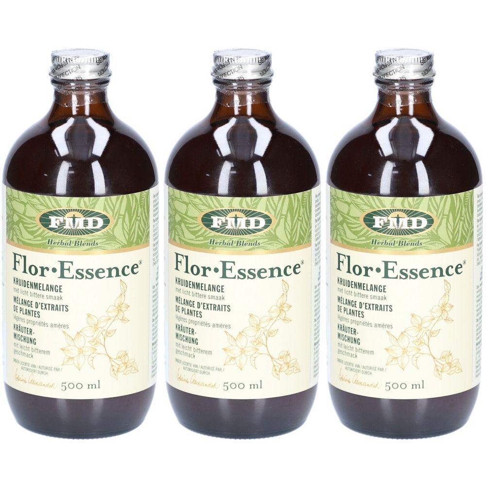Trois bouteilles en verre brun avec des bouchons argentés. Les étiquettes indiquent "Flor-Essence" et "Mélange d'extraits".