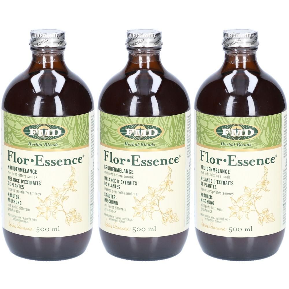 Trois bouteilles de Flor-Essence. Bouteilles en verre brun avec étiquette et bouchon à vis. 500 ml.