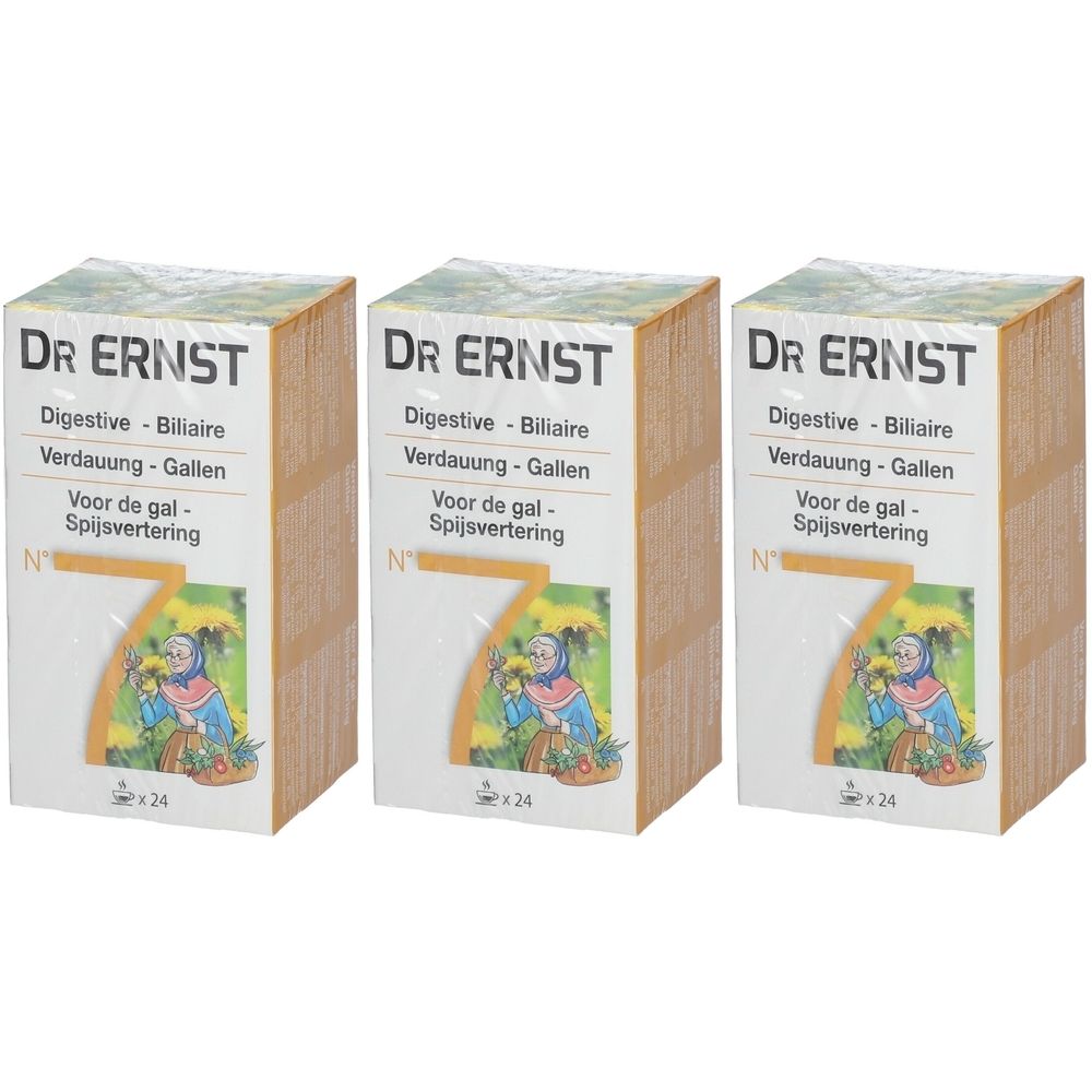 Drie dozen "Dr. Ernst Nr. 7". Opschrift: Digestive-Biliaire, Verdauung-Gallen, Voor de gal-Spijsvertering. Met afbeelding.