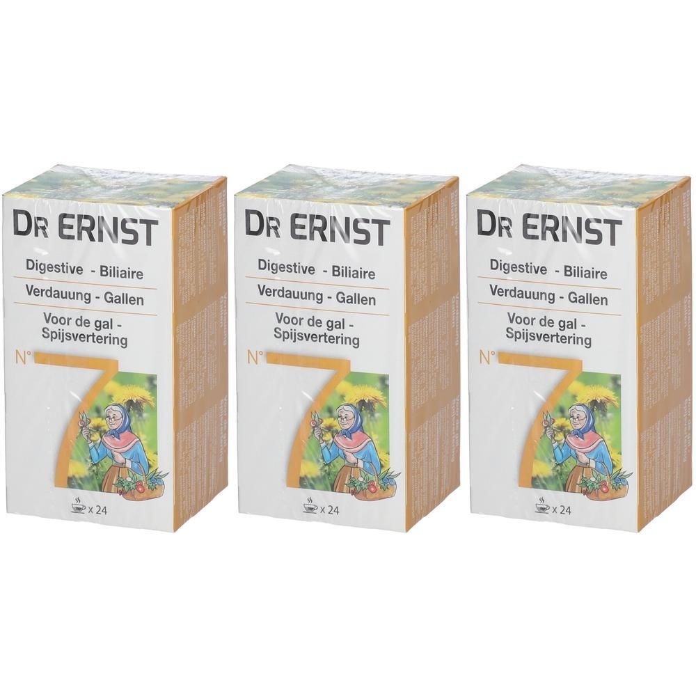 Drie dozen DR. ERNST's Nr 7 Tisane Digestive. Opschrift: Digestive - Biliaire, Verdauung - Gallen. Illustratie van een vrouw.
