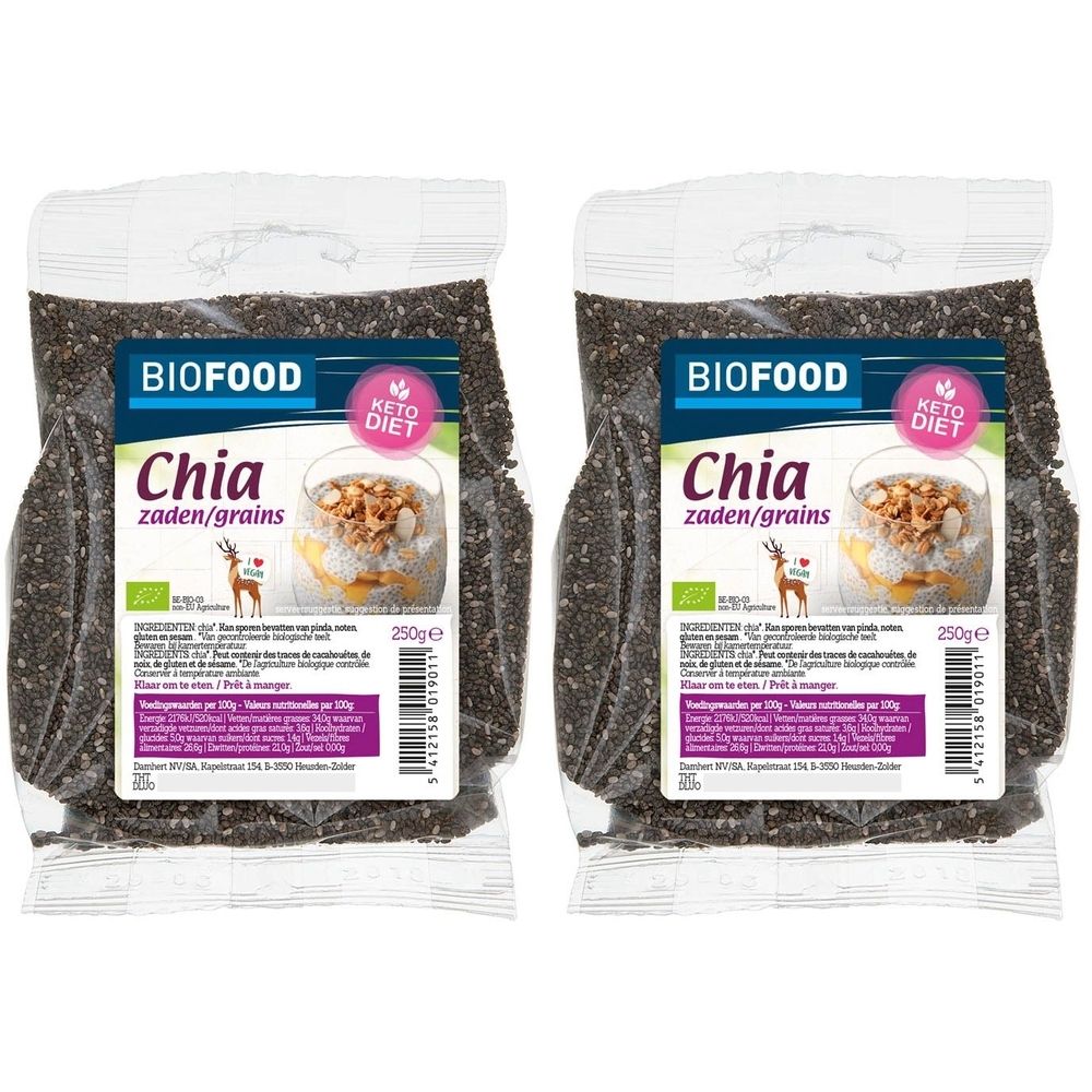 Twee zakken Biofood chiazaden. Opschrift "Chia zaden/grains". Keto Dieet logo. 250g. Transparante verpakking.