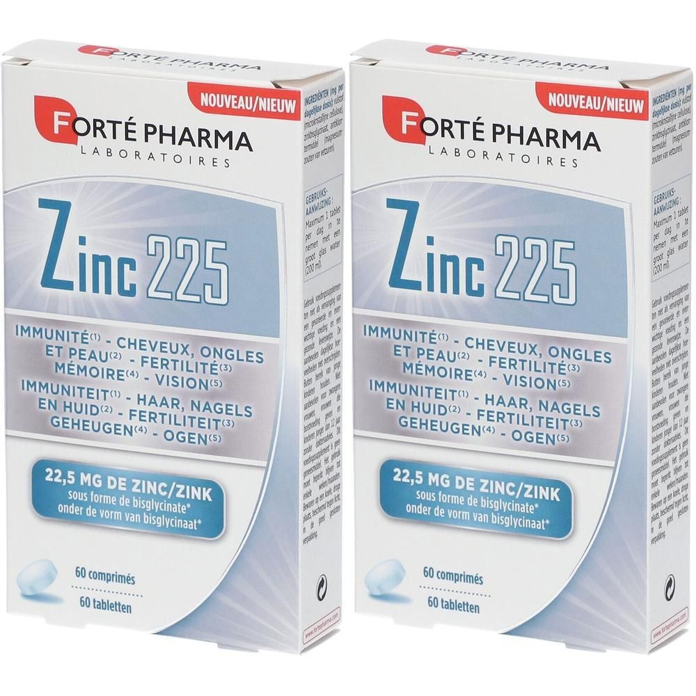 Deux boîtes de Forté Pharma Zinc 225. Inscription: Immunité, cheveux, ongles, mémoire, vision. 60 comprimés.