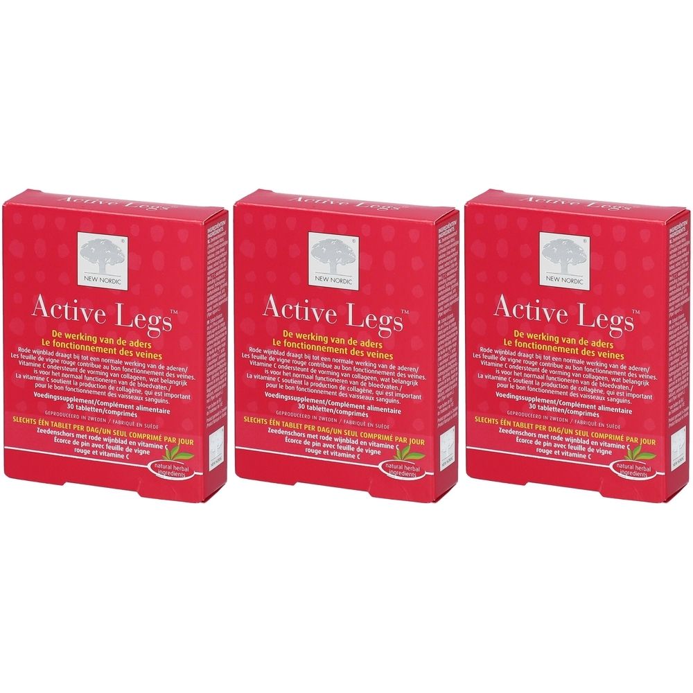 Trois boîtes rouges "Active Legs". Logos et texte multilingue sur les boîtes.