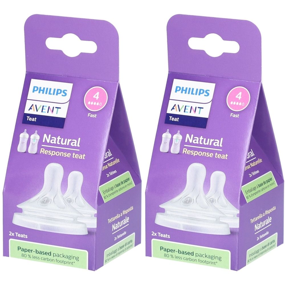 Twee verpakkingen PHILIPS AVENT Natural Response speen. Paarse verpakking met productafbeelding en tekst. 2x spenen.