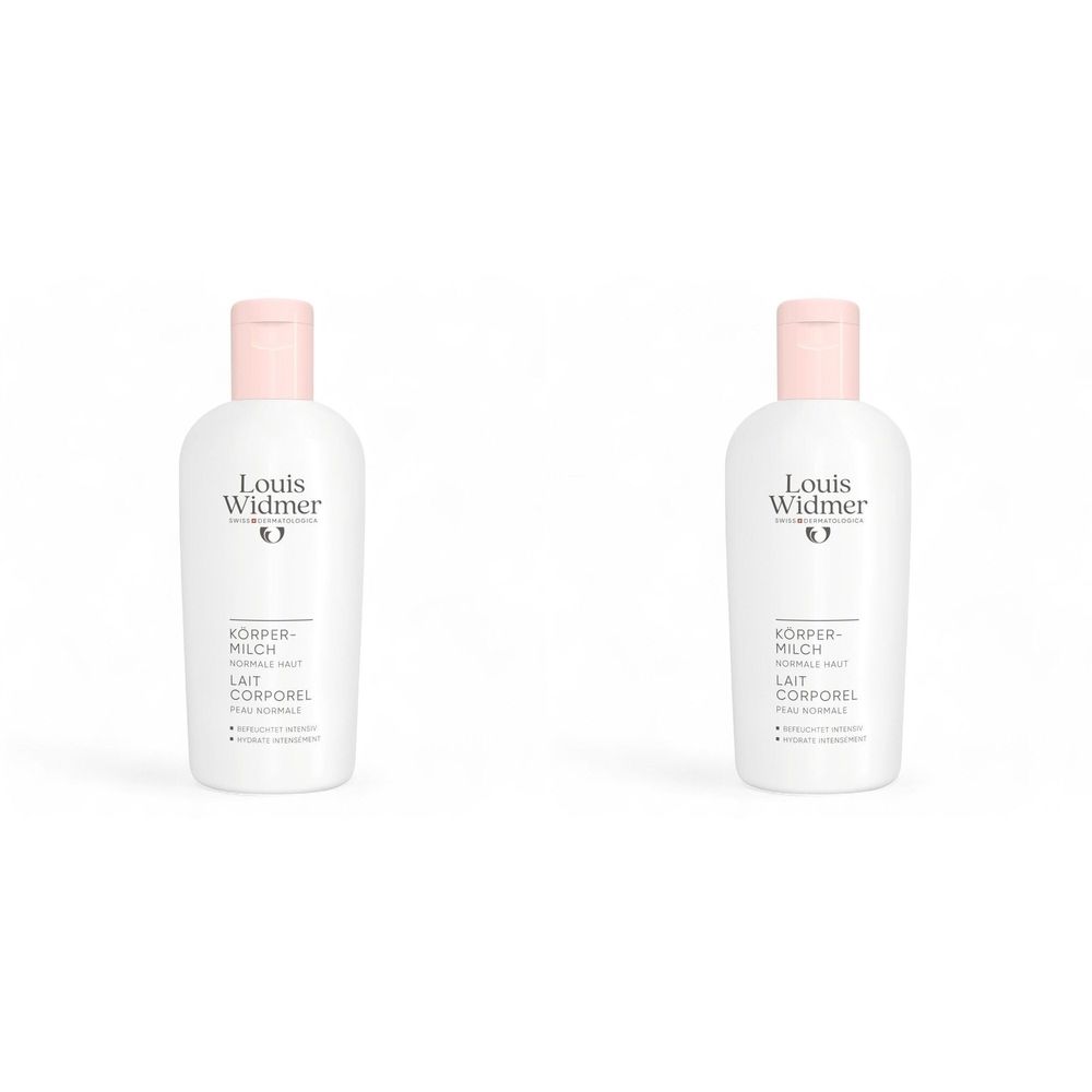 Twee witte flessen Louis Widmer Lait Corporel. Roze klapdeksel. Opschrift: KÖRPER-MILCH, Lait Corporel.