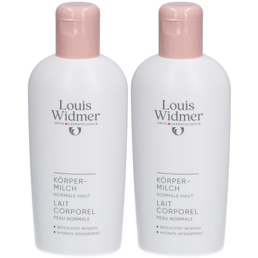 Twee witte flessen Louis Widmer Lait Corporel. Roze doppen, logo en tekst. Tekst: Lichaamsmelk, Normale Huid.