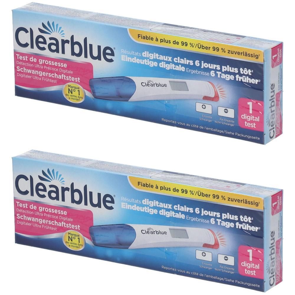 Twee verpakkingen Clearblue® zwangerschapstest. Roze en blauwe verpakking met productafbeelding en tekst. Digitaal resultaat.
