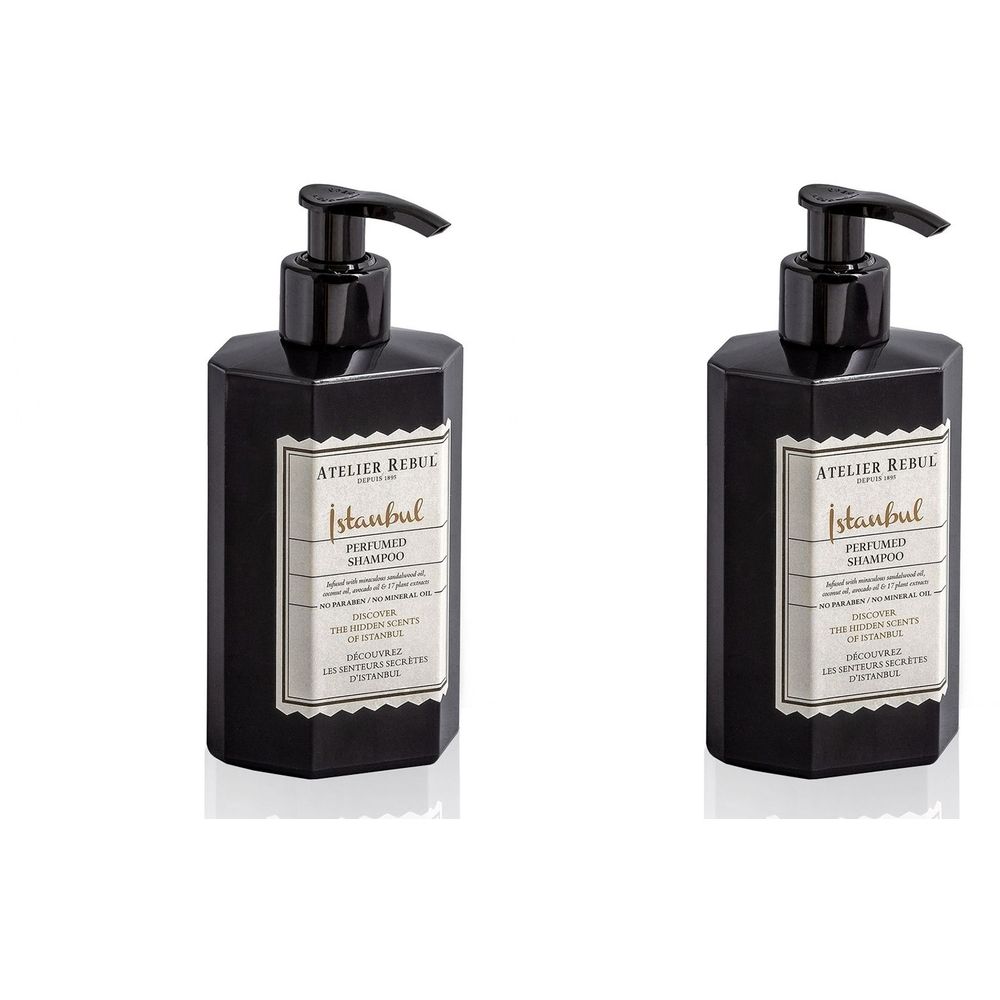 Deux flacons noirs avec pompe. L'étiquette indique ATELIER REBUL Istanbul Shampooing Parfumé.