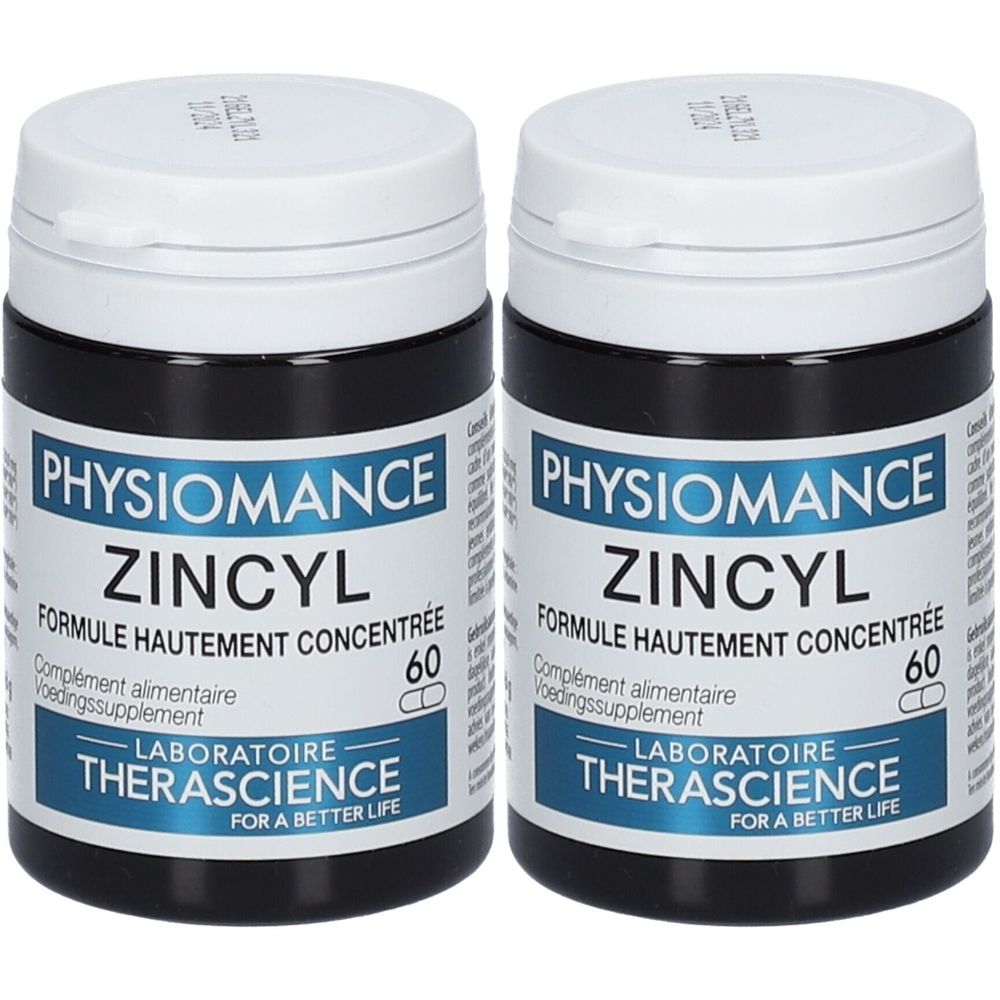 Twee zwarte potten met witte deksels. Opschrift: PHYSIOMANCE ZINCYL, 60 capsules, LABORATOIRE THERASCIENCE.