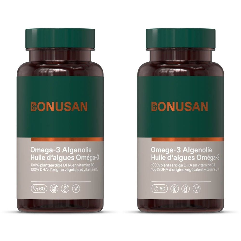 Twee flessen met groene dop en etiket. Opschrift: BONUSAN, Omega-3 Algenolie, Huile d'algues Oméga-3. Met 60 capsules.