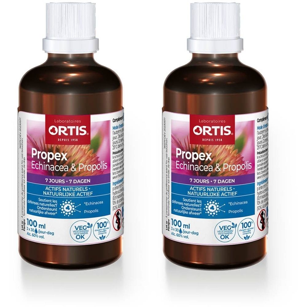 Twee bruine flessen met witte dop. Etiket met productnaam, merk Ortis en ingrediënten. 100 ml.