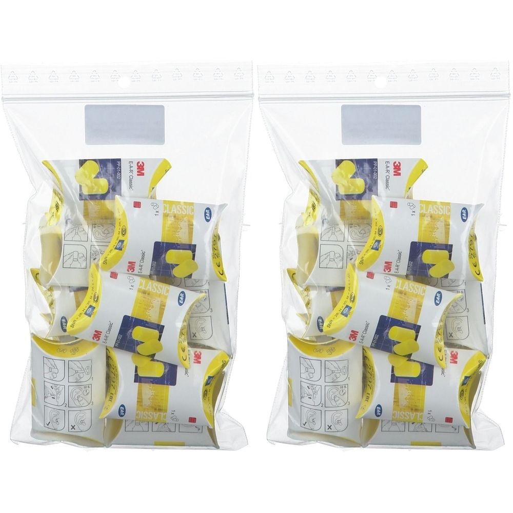 Deux sacs transparents contenant des bouchons d'oreille. Bouchons d'oreille jaunes emballés individuellement, emballage bleu et blanc. Logo 3M visible.